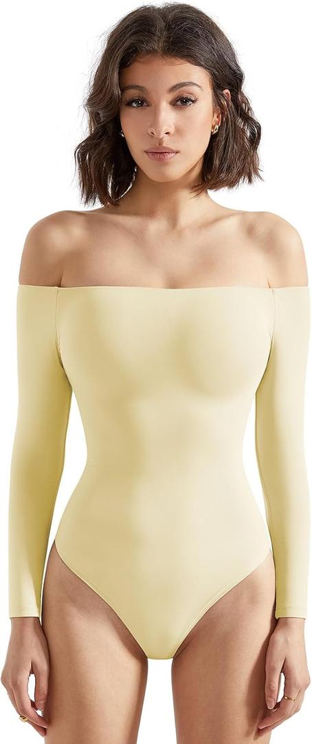 SUUKSESS Women Off the Shoulder Long Sleeve Bodysuit Double Lined Thong Bodysuit (Large, Butter Yellow)