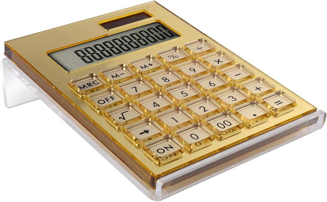 Acrylic Calculator with Stand, Battery and Solar Hybrid Powered Basic Calculator 12-Digit LCD Display, Home Office Desktop Accessories(Gold)
