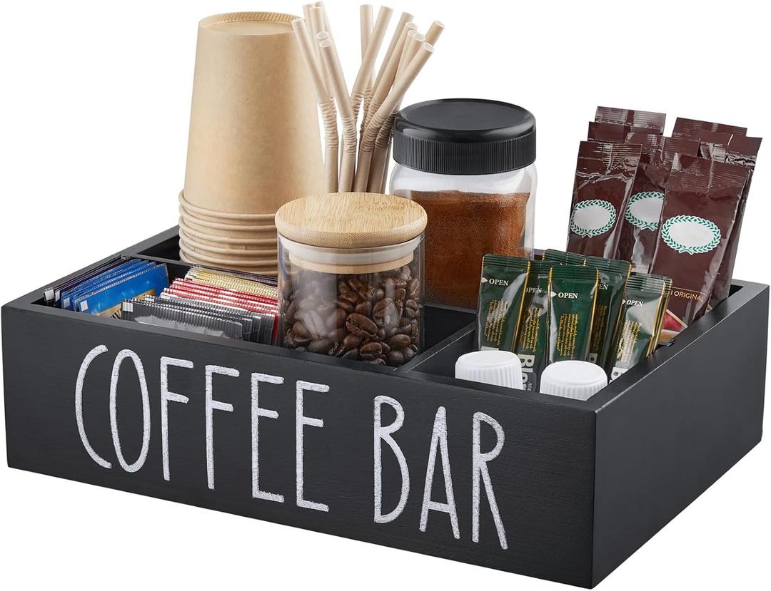 ALEION Coffee Station Organizer - Wood Countertop Accessories Organizer with Removable Dividers for Pods Condiment Syrup Tea Cups Stirrers - for Farmhouse Coffee Bar Decor (Black)