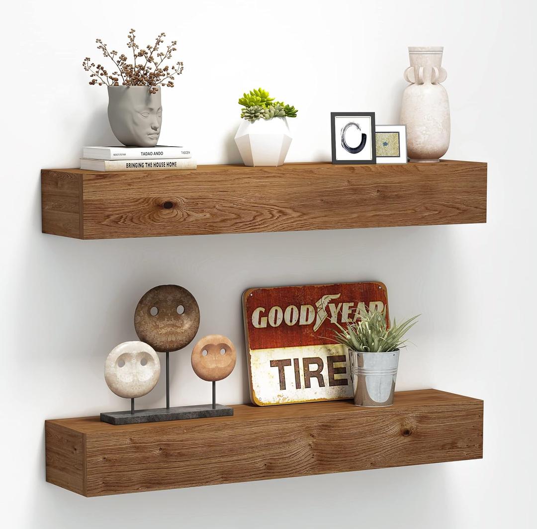 Wall Floating Shelves, Rustic Wood Wall Shelf Handmade (Light Walnut, 24 Inch - 2 Pack)