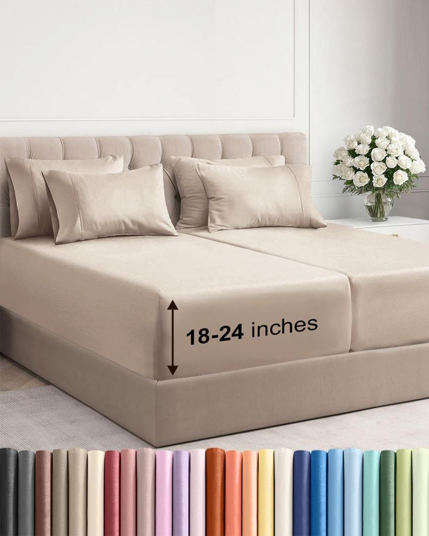 Extra Deep Split King Sheet Set - 7 Piece Breathable and Cooling Sheets - Hotel Luxury Bedding for Women, Men, Kids & Teens - Easy Secure Fit - Soft, Wrinkle Free & Comfy - Extra Deep Pockets - Wheat