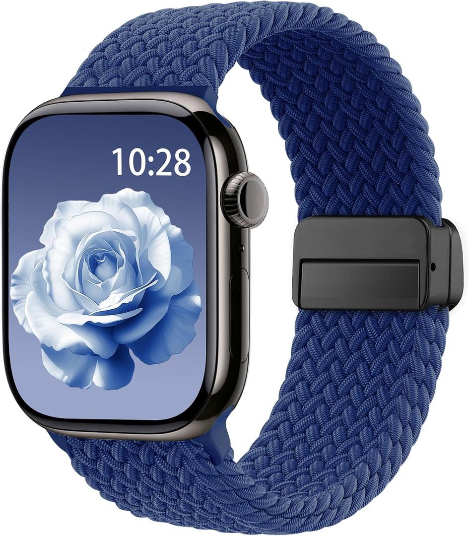 Braided Stretchy Band Compatible with Apple Watch Bands 38mm 40mm 41mm 42mm 44mm 45mm 46mm 49mm Women Men, Soft Nylon Solo Loop Magnetic Sport Strap for iWatch Series 11 10 9 8 7 6 5 4 3 2 1 SE Ultra (Atlantic Blue)