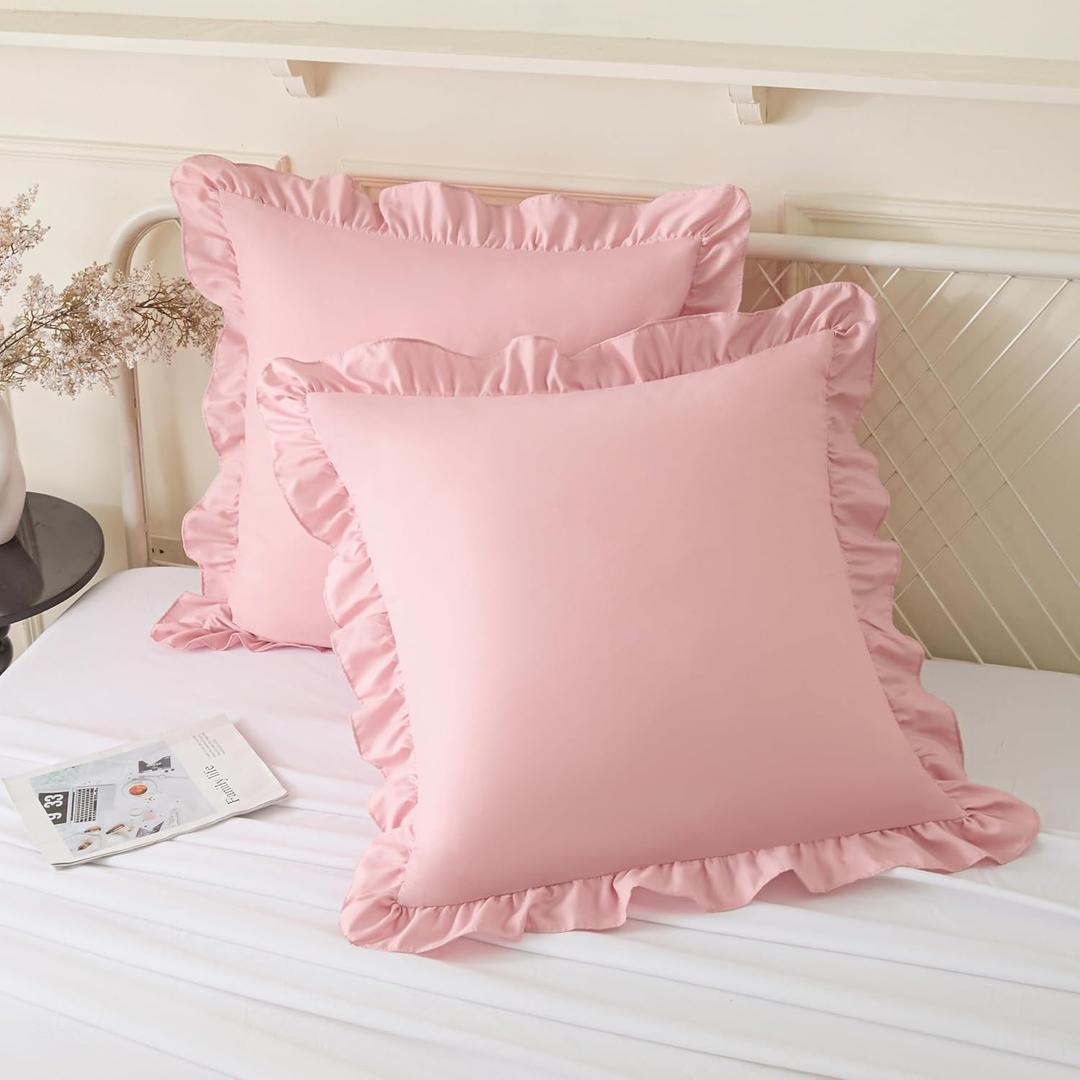 KKJIAF Ruffle Pillow Cases 18x18 Inches, Light Pink Square Ruffled Pillow Covers Set of 2, Microfiber Wrinkle Resistant Pillow Shams with Envelope Closure for Sofa Bed Living Room
