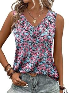 KISSMODA Womens Summer Tank Tops Casual Sleeveless Solid Printed Tunic Top Loose Fit V Neck Shirts (Blue Roses, L)