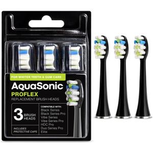 AquaSonic Genuine Proflex Replacement Brush Heads | ADA Accepted | for Whiter Teeth & Gum Care | Compatible with Many AquaSonic Toothbrush Handles (3 Pack Black)