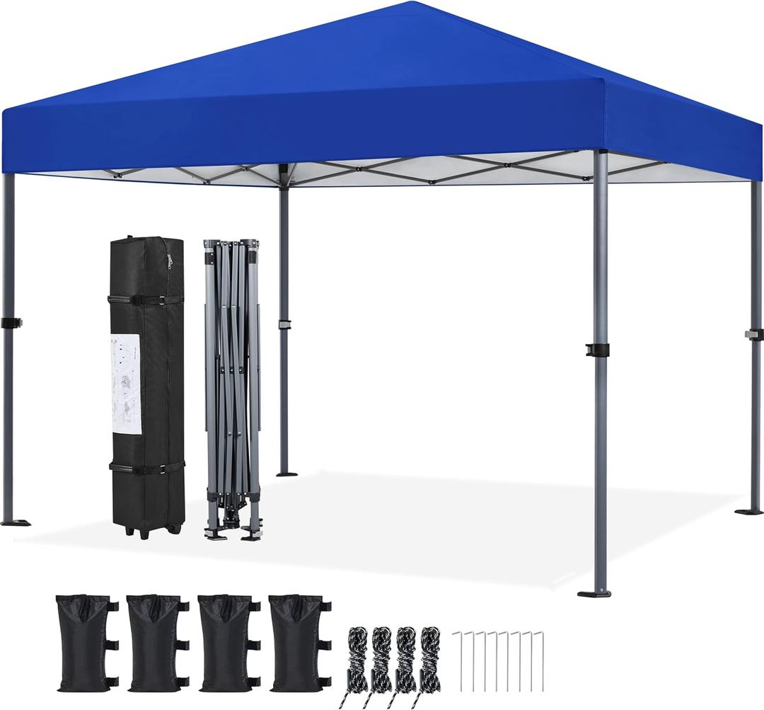 Yaheetech 10x10 1-Person Setup Pop Up Canopy Tent, Instant Portable Commercial Canopy Tent, Outdoor Gazebo with 1-Button Push, Wheeled Bag & 4 Sandbags for Home, Party & Outdoor Activities, Blue