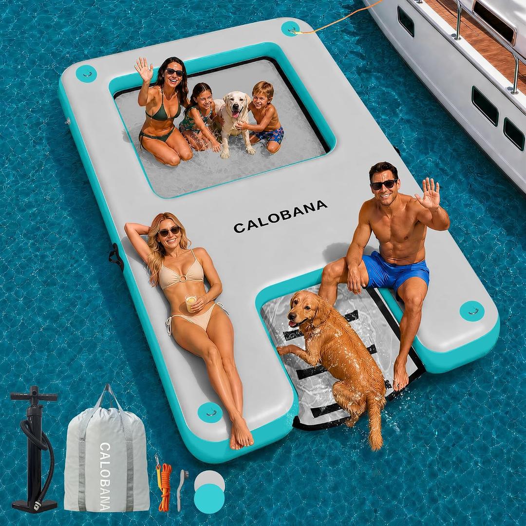 CALOBANA Inflatable Floating Dock with Dog Boat Ramp and Mesh, Size: 10ft×6ft×6in(3×1.8×0.15m)