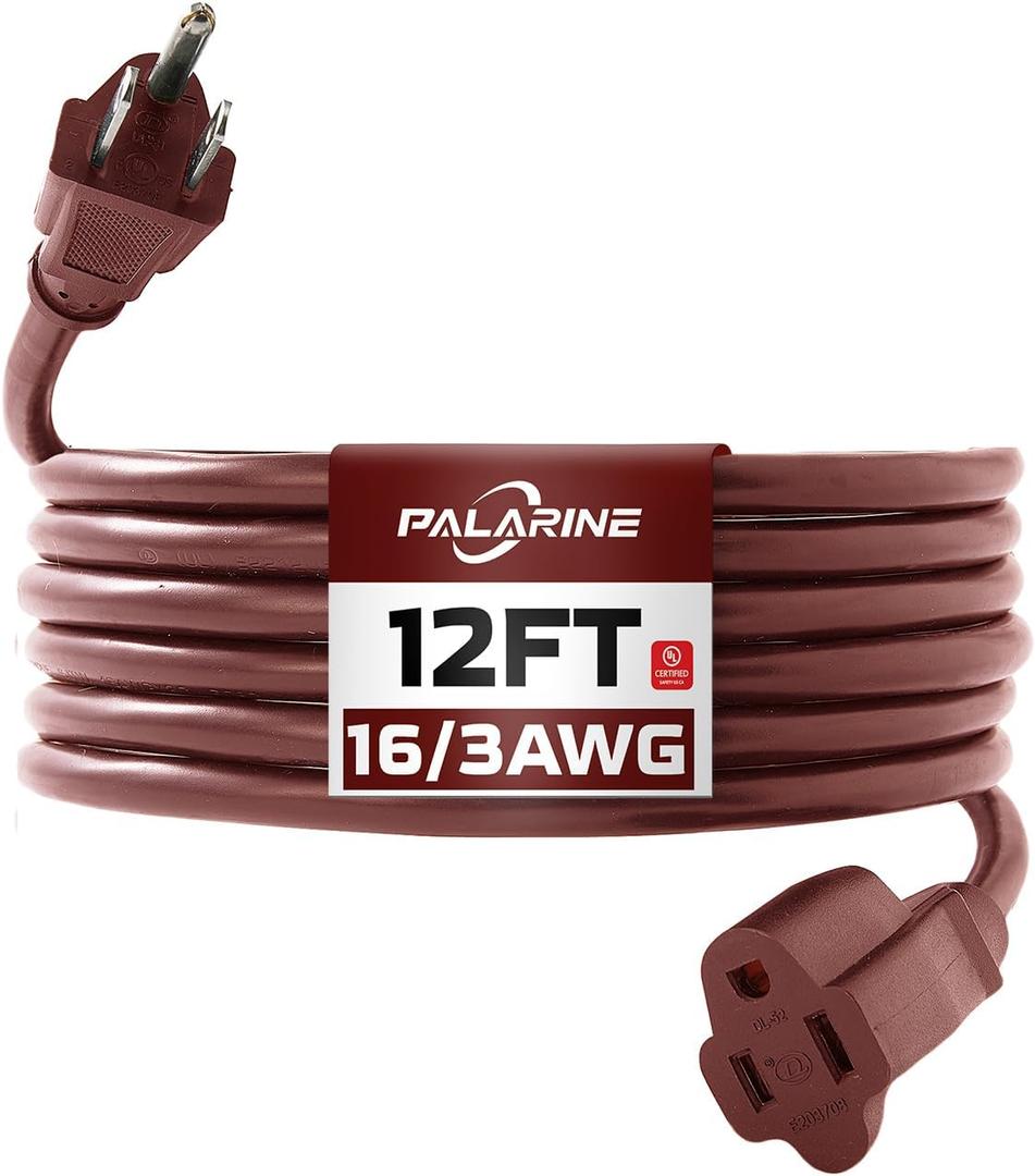 12ft Brown Outdoor Extension Cord Waterproof, UL Listed, 16/3 SJTW Heavy Duty 3 Prong, 16 Gauge 13A Power Cord Ideal for Indoor Outdoor Lights, Appliances, and Lawn