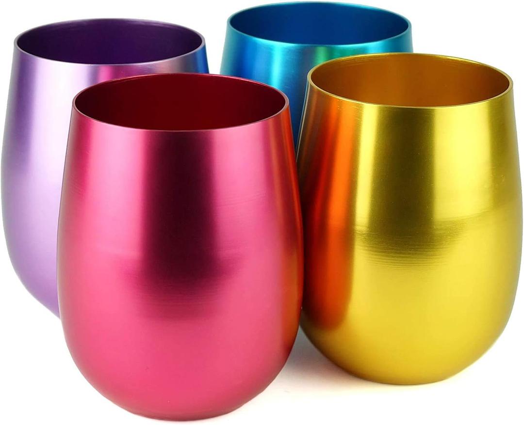 CLW Aluminum Stemless Wine/Old Fashion Glass, Set of 4, 4-Color in a Set (Purple/Blue/Pink/Gold), 12oz (Small) (Small (Pack of 4))