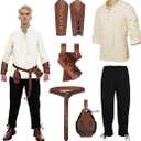 Men's Renaissance Costume Halloween Medieval Pirate Shirt Ankle Banded Pants Viking Belt Accessories, 7Pcs, L