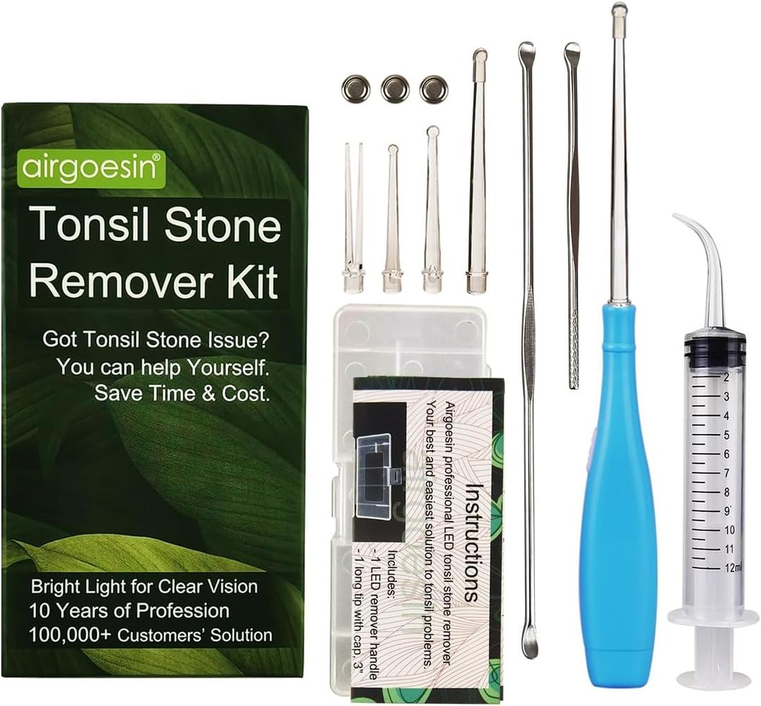 Airgoesin Upgraded Tonsil Stone Remover Tool, Blue, 5 Tips, Tonsillolith Pick Case + 1 Irrigator Fresh Breath Oral Rinse