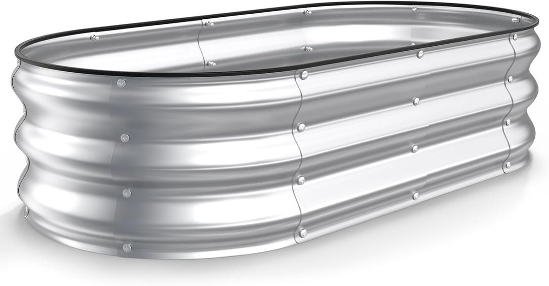 Kesfitt Raised Garden Bed, 4x2x1 FT Galvanized Steel Metal Raised Garden Bed, Oval Open-Bottom Design, 12-Inch Deep for Outdoor Vegetable & Herb Gardening, Silver