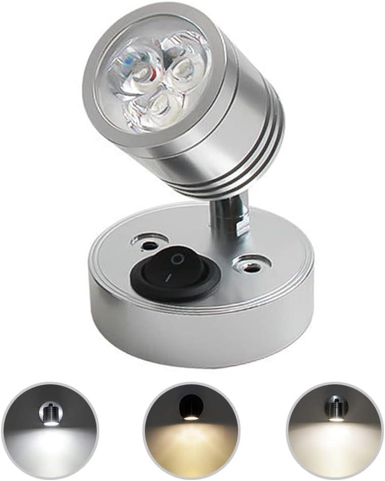 DC12V 3W RV Interior LED Spotlight Reading Light 3000-6500K Boat Bedside Seat 360Swivel Wall Lights Fixtures with Switch for Car Trailer CamperMotorhome YachtWarm White 3000-3300KSilver (Cylindrical Shape, Sliver)