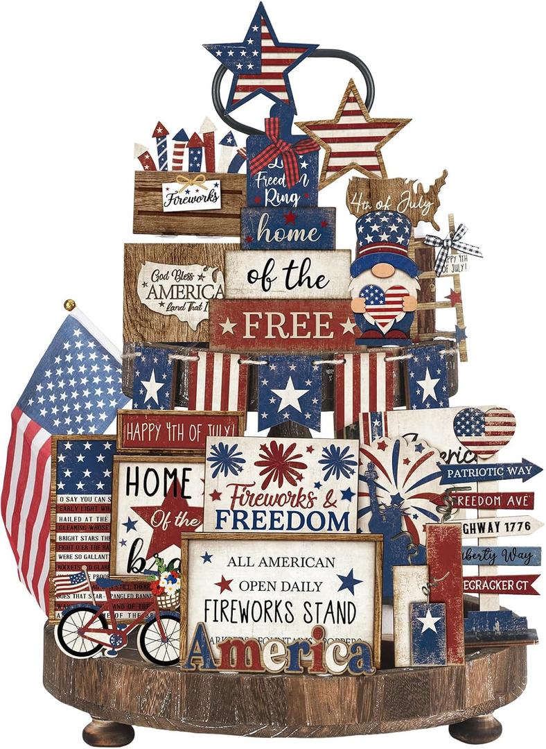 26 Pcs 4th of July Tiered Tray Decoration Patriotic USA Wood Signs Rustic America Flag Red White and Blue Tiered Tray Decorations for Memorial Day Home 250th Anniversary Birthday Party