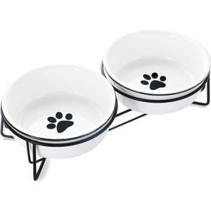 GDCZ Ceramics Raised Cat Bowls with Heighten Metal Stand,15 Ounces White