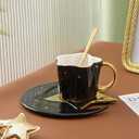 4.2 Ounce Irregular Ceramic Coffee Cup,Gold Plate Handle Mug,Moon and Star Shape Coffee Tea Cup and Saucer Sets with spoon,for Cappuccino,Tea,Cocoa,Cereal,Hot Chocolate (Black with Golden)