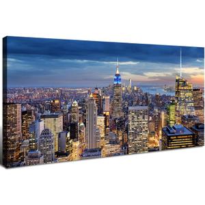 Large New York City Wall Art NYC Skyline Picture Office Wall Decor Modern Manhattan Cityscape Canvas Prints Night City Urban Skyscraper Panoramic Artwork for Bedroom Living Room Home Decoration 24x48"
