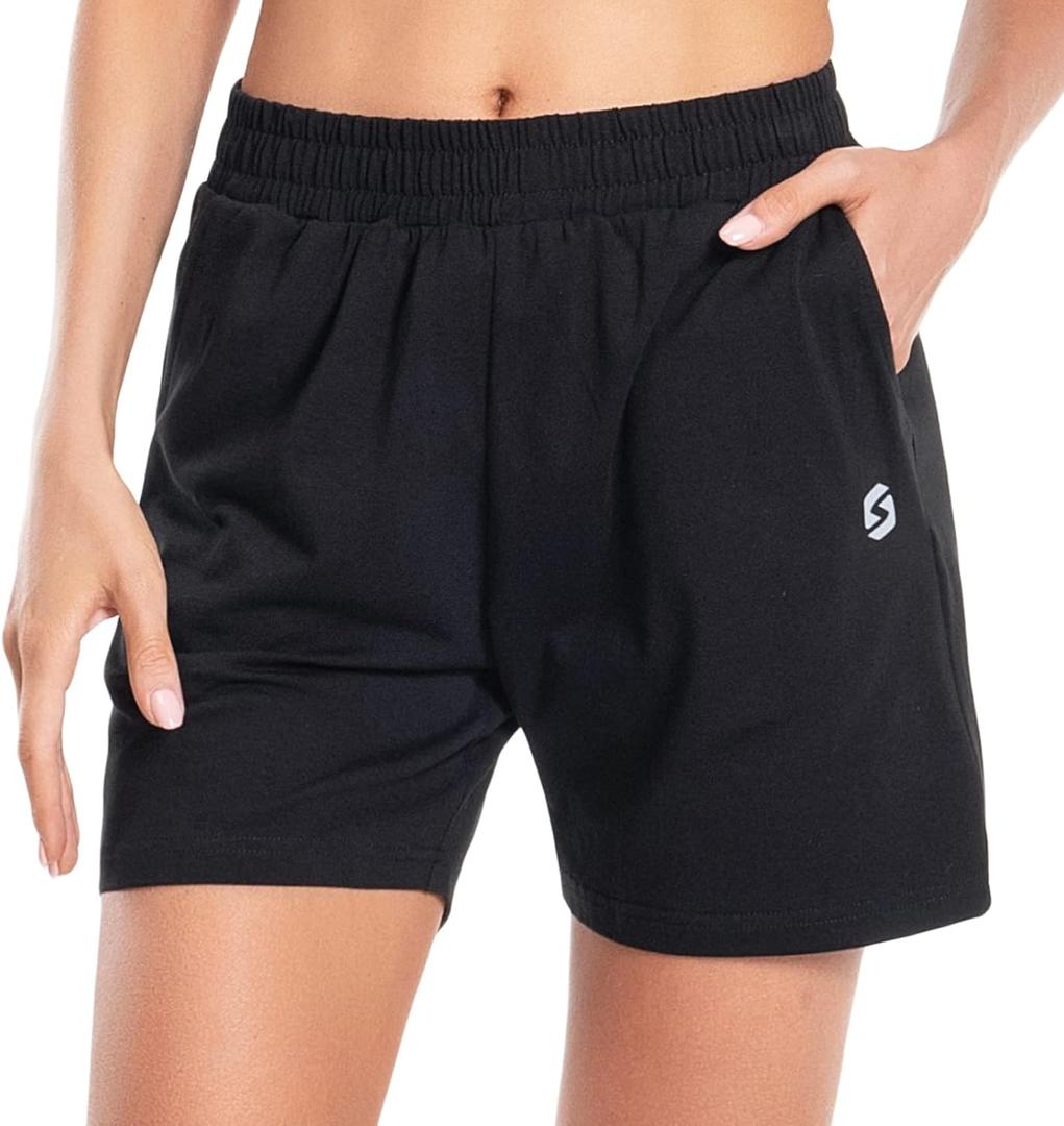Women's Cotton Shorts 5" Sweat Bermuda Pull on Shorts with Deep Pockets for Lounge Gym Yoga Walking Athletic (Medium, Black)