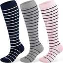 Cotton Compression Socks for Women&Men 15-20mmHg Knee High Cute Support Sock for Nurses, Pregnant Women, Travel, Navy Striped, Large-X-Large