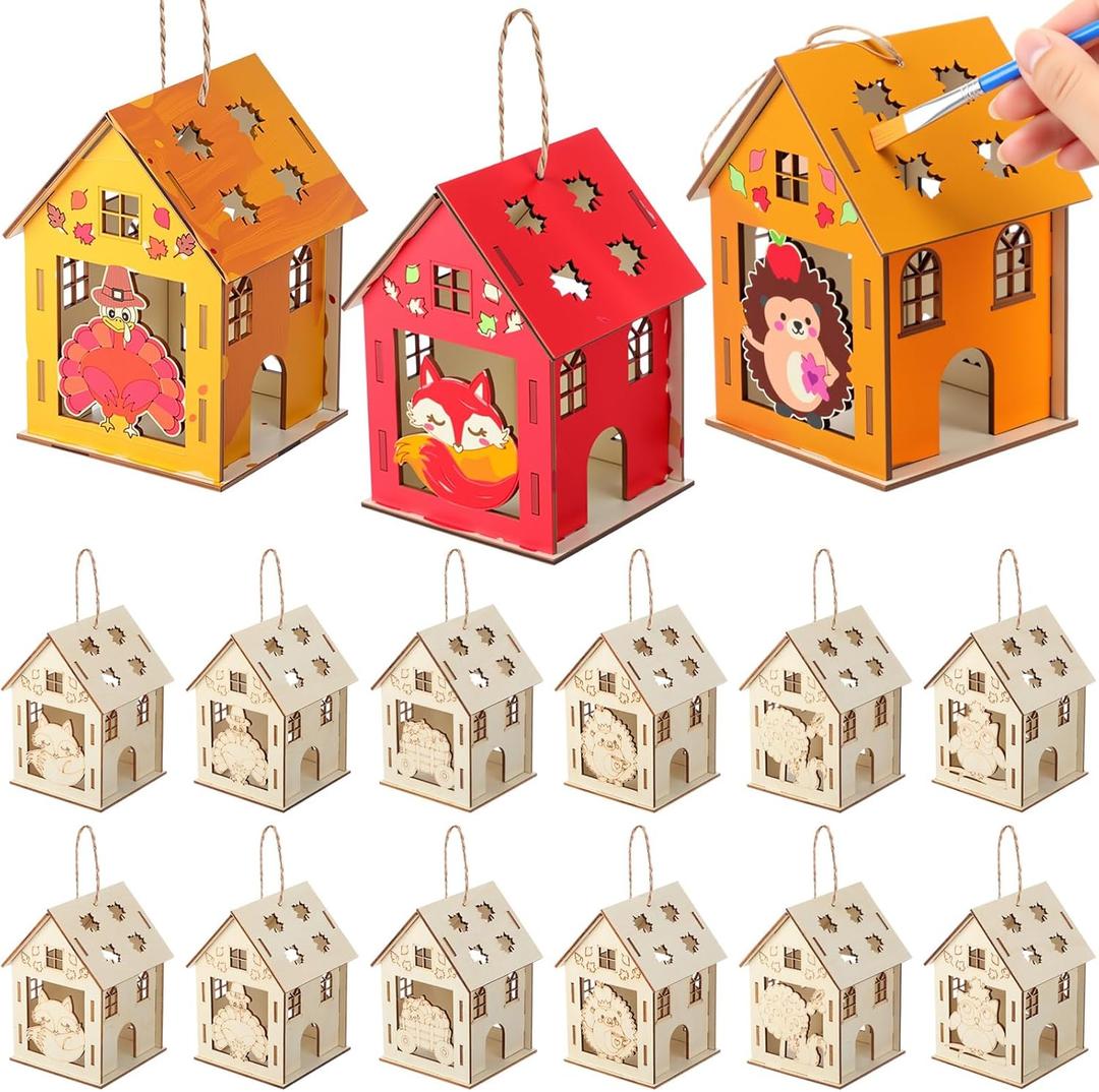 DoubleFill 12 Pcs Fall Wooden House Craft Kits for Kids Adults Make You Own Fall House Thanksgiving DIY Unfinished Painting Turkey Arts and Crafts Kits for Autumn Party Supplies Decoration