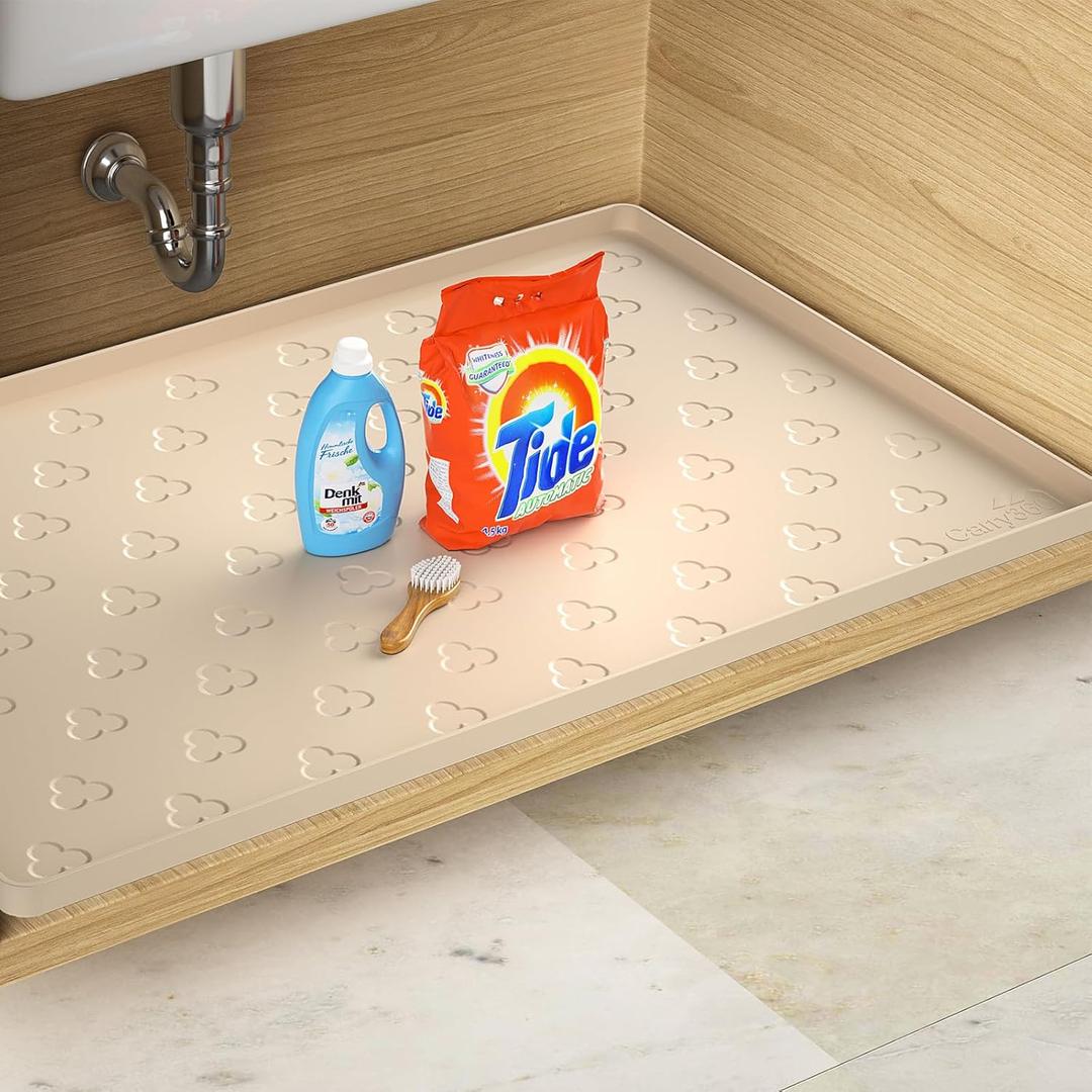 Under Sink Mat- 34" x 22" Waterproof Kitchen Cabinet Mat - Flexible Silicone Under Sink Liner - Kitchen Bathroom Cabinet Mat and Protector for Drips Leaks Spills (Beige)