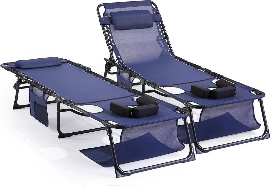Unovivy Tanning Chairs with Face Hole Set of 2, Patio Lounge Chairs with 5-Position Reclining Back, Portable Folding Outdoor Lounge Chair for Sunbathing, Pool, Patio, Camping, 23.6" x 74.4" x 12.6"