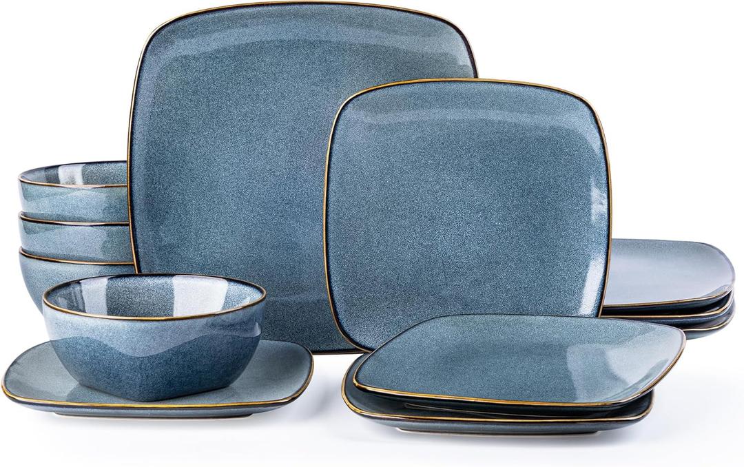 AmorArc Ceramic Dinnerware Sets for 4, 12 Pieces Square Handpainted Plates and Bowls Set, Chip and Scratch Resistant Stoneware Dishes Set, Dishwasher & Microwave Safe, Ocean Blue