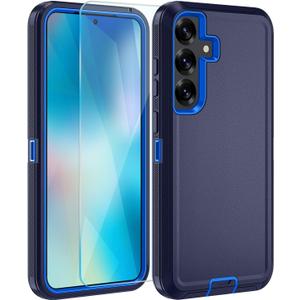 for Samsung Galaxy S25 Plus Case, with HD Tempered Glass Screen Protector, Heavy Duty Shockproof Drop Protective Rugged Tough Durable Phone Cover (Dark Blue)