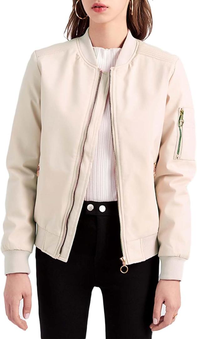 Women's Bomber Jacket Lightweight Varsity Zip Up Coat Casual Long Sleeve Windbreaker (Beige, XL)