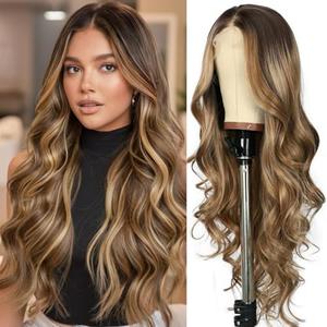 SAPPHIREWIGS Long Brown Wig 13x4 Synthetic Lace Front Wig Ombre Medium Brown Body Wavy Wigs for Women Long Brown Lace Wigs for Daily Party Use 26inch