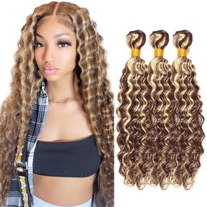 Highlight Human Hair Bundles Honey Blonde Deep Wave Bundles Ombre Brown Human Hair Bundles 16 18 20 Inch 8A Remy Virgin Hair 3 Bundles P4/613 Deep Wave Bundles Human Hair Extensions