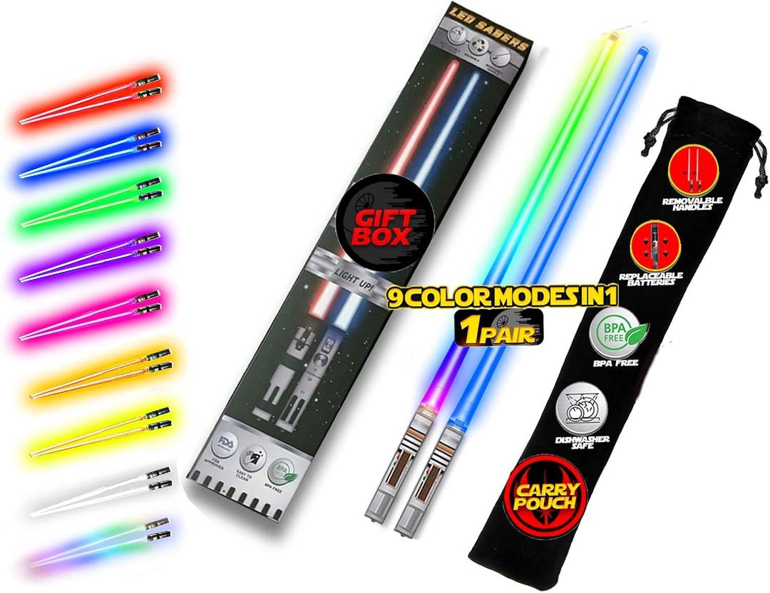 LIGHTSABER CHOPSTICKS LIGHT UP STAR WARS LED Glowing Light Saber Chop Sticks REUSABLE Sushi Lightup Sabers Removable Handle Dishwasher Safe 8 Color Modes 1 Pair