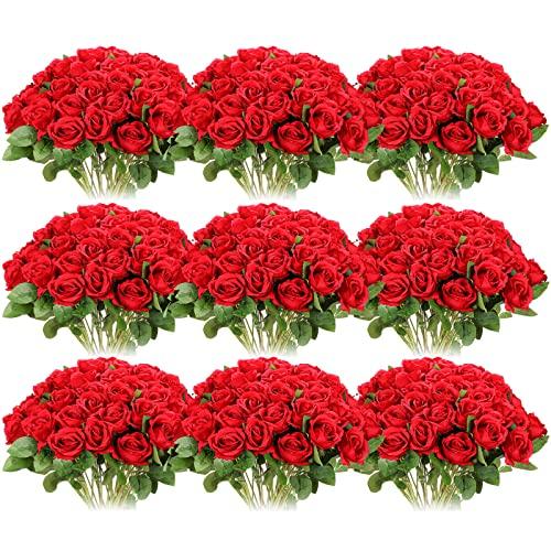 Jexine 100 Pieces Artificial Roses Flowers Bulk, Long Stem Realistic Fake Silk Roses Bouquet for Table Centerpiece Vases Wedding Party Kitchen Decor(Red)