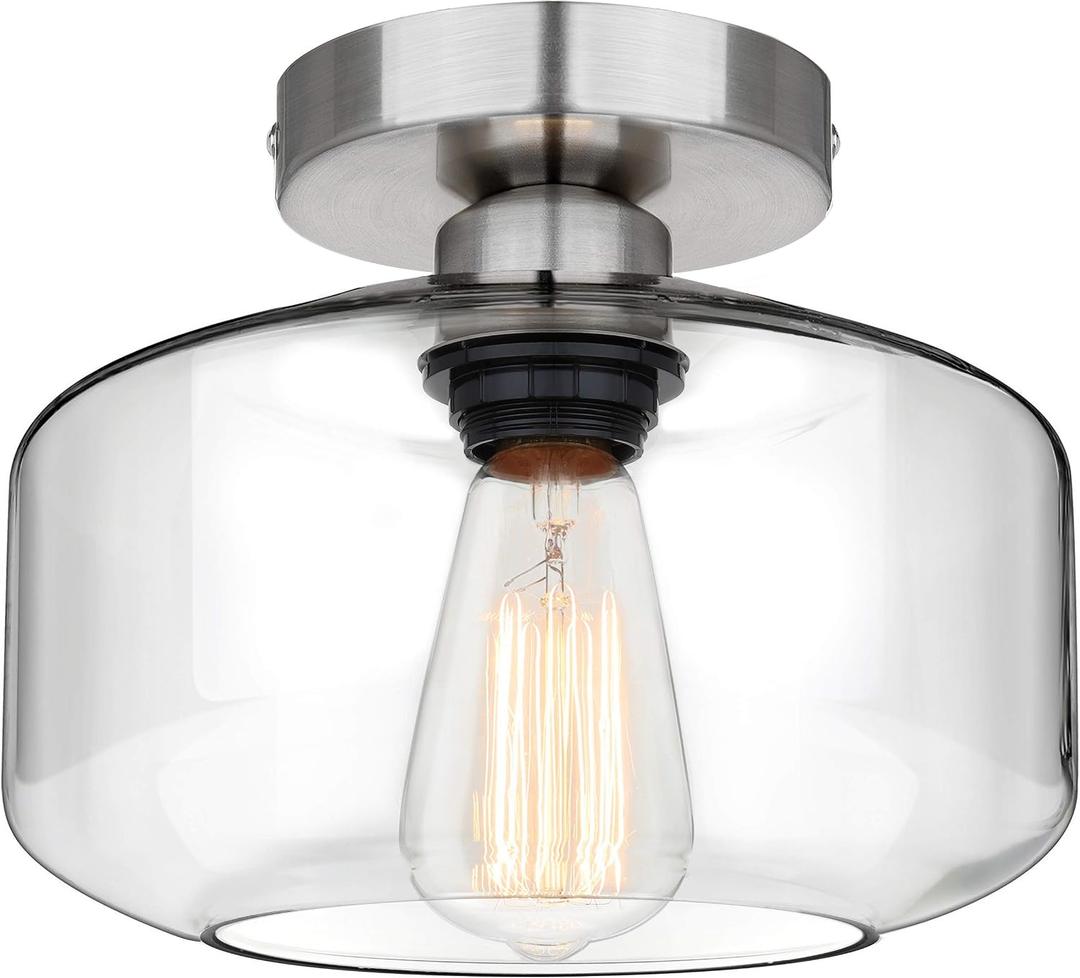 MAXvolador Industrial Semi Flush Mount Ceiling Light Brushed Nickel, Clear Glass Pendant Lamp Shade Farmhouse Lighting Hallway, Hanging Light Fixture, Large