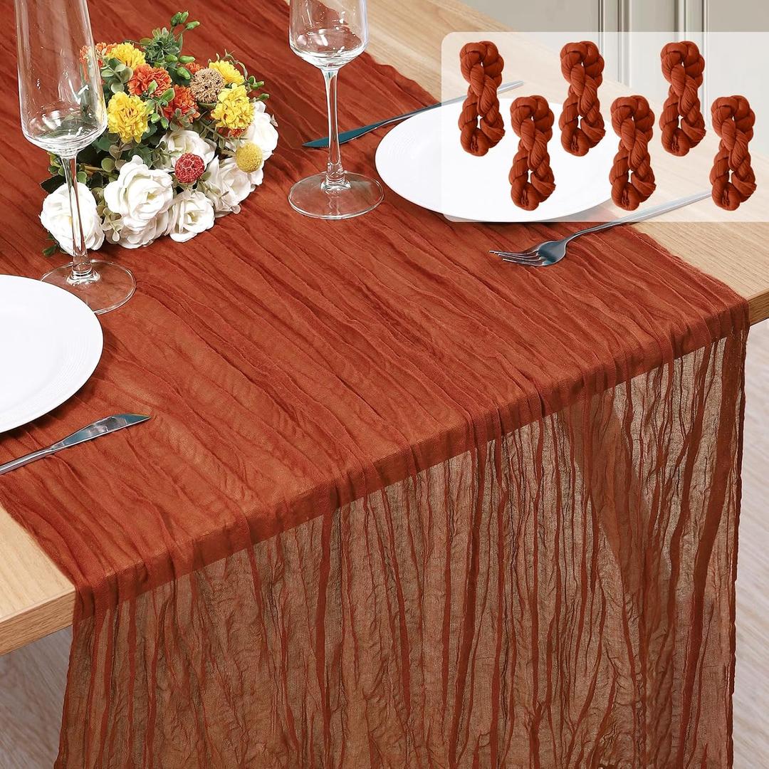 6 Pack Cheesecloth Table Runner 10Ft Christmas Gauze Boho Table Runners for Wedding Decor Bridal Shower Decorations Baby Shower Party, Terracotta (35" x 120")