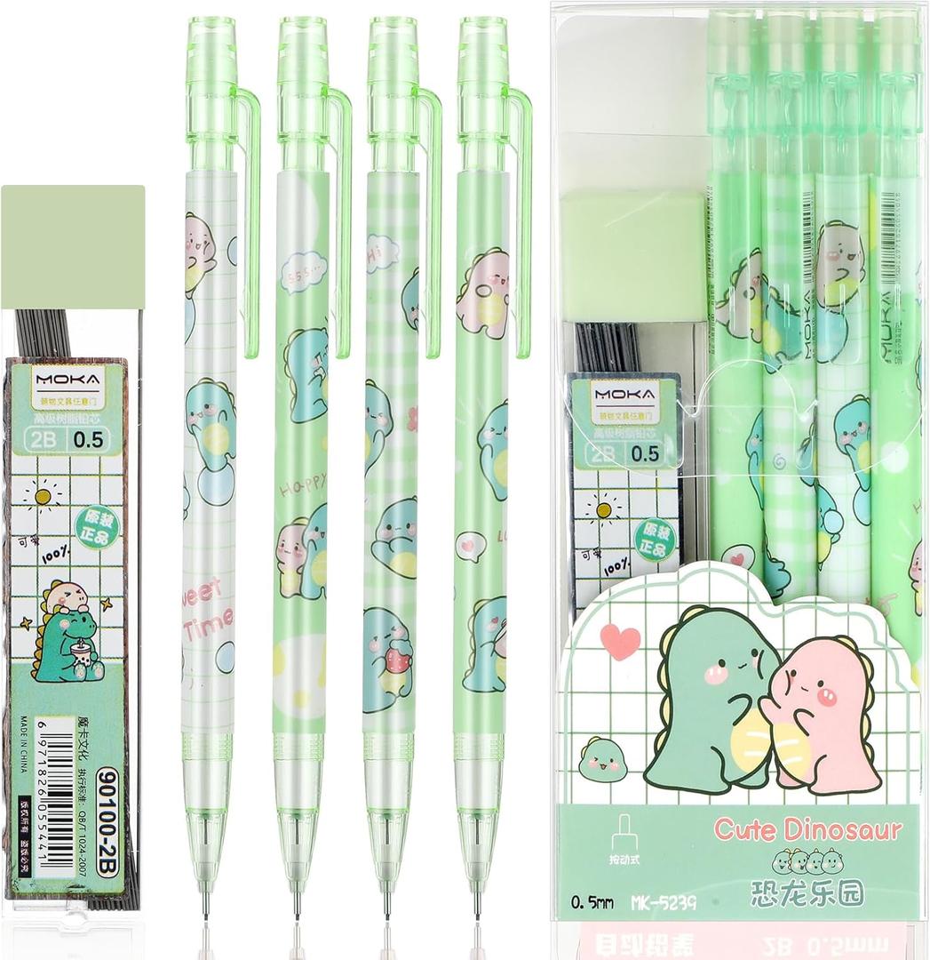 4 Pcs Cute Mechanical Pencil Set Including 0.5mm Cartoon Mechanical Pencils with 1 Tubes Refills Stationary Back to School Office Supplies for Writing Drawing Sketching(Green)