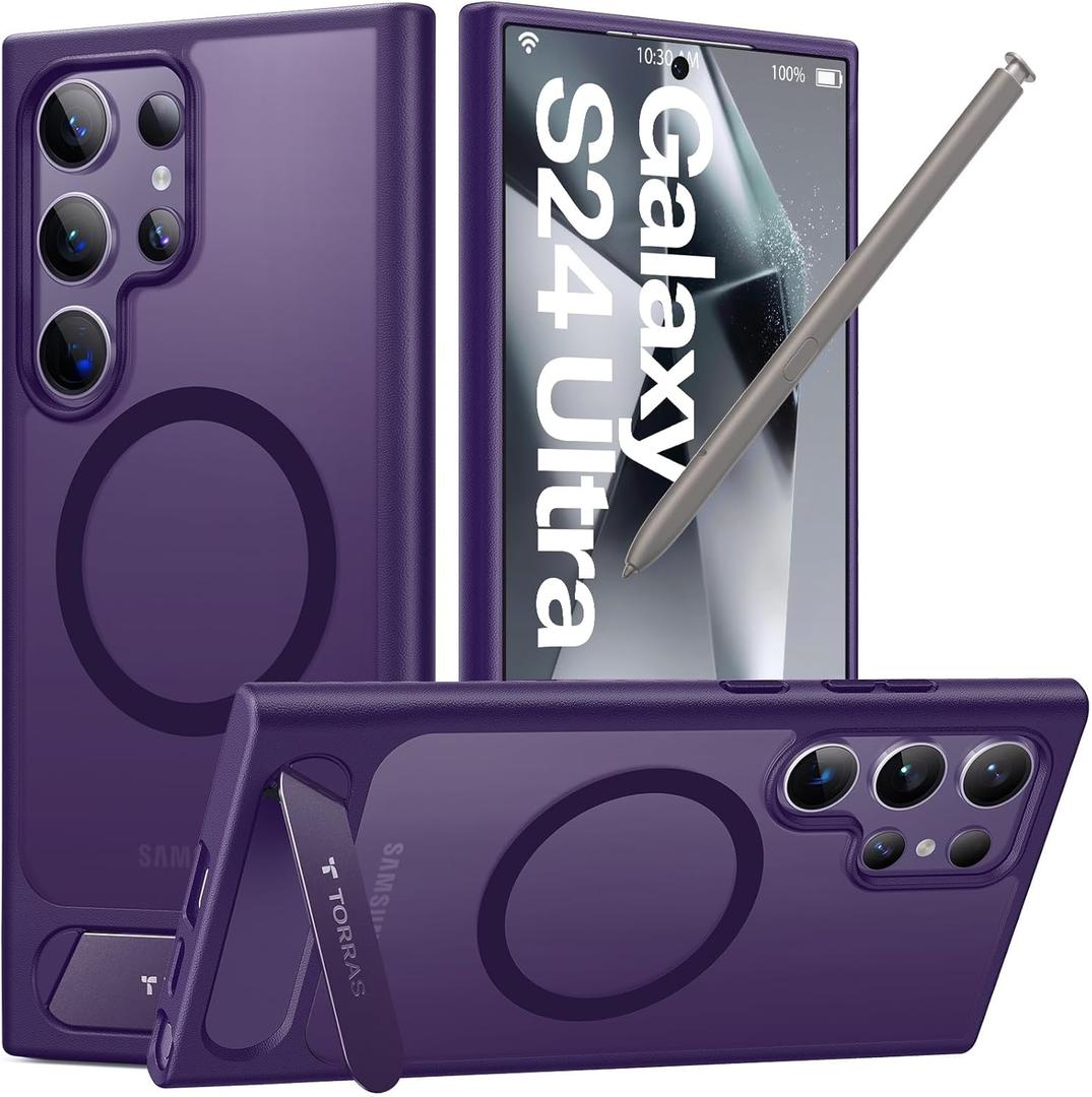 TORRAS Strong Magnetic & Seamless Stand for Samsung Galaxy S24 Ultra Case, Fit for MagSafe, MilGrade Drop Protection, Kickstand for Samsung Galaxy S24 Ultra Case, Translucent Back/Purple Edge