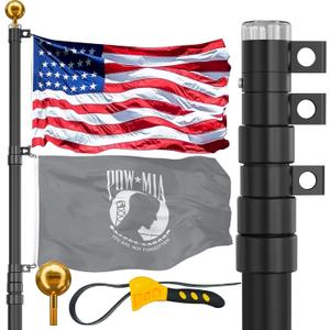 20FT Telescoping Flag Pole for Outside House, Extra Thick Telescopic Flagpole with USA Flag, Inground Outdoor Use, Camper RV, Residential & Commercial, Complete Hardware & Aluminum Top Ball (Black)