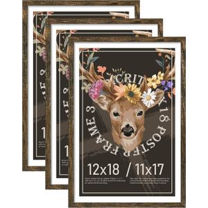 Picrit 12x18 Picture Frame 3 Pack, Brown Poster Frame, Display Poster 11 x 17 with Mat or 12 x 18 without Mat for Horizontal or Vertical Wall Mounting