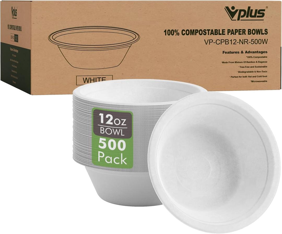 Vplus 500 Pack 12 OZ Paper Bowls Bulk, Disposable Compostable, Eco-friendly Bagasse, Heavy-duty Bowls Perfect for Milk Cereals, Snacks, Salads, 6.3 inches x 1.35 inches