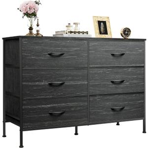 WLIVE Dresser for Bedroom with 6 Drawers, Dresser TV Stand for 50 Inches TV with Metal Frame, Wooden Top, Chest of Drawers, Dresser for Living Room, Hallway, Charcoal Black Wood Grain Print