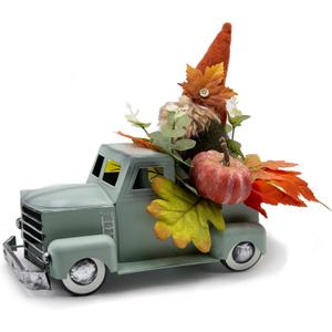 Vintage Turquoise Metal Truck with Gnomes Pumpkin Maple Leaf Farmhouse Table Top Fall Decor, Autumn Themed Thanksgiving Old Pickup Truck Decorations for Home Table Shelf, 12 inch