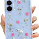 LSEEKA for Samsung Galaxy S25 S24 Clear Case with Pressed Real Dried Pink Flower Design,Transparent Glitter Cute Floral Slim Soft TPU Protective Phone Cover for Samsung Galaxy S25 S24