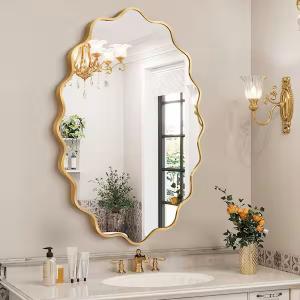 ULIKE Gold Wavy Mirror for Bathroom, 36x24 Oval Vanity Mirror for Over Sink, Metal Frame Tempered Glass Asymmetrical Wall Decor, Bedroom Living Room Entryway, Horizontal/ Vertical