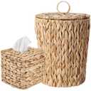 2.6 Gallon Wicker Trash Can with Lid and Square Wicker Tissue Box Cover, Boho Decorative Handwoven Water Hyacinth Rattan Bedroom Bathroom Living Room Accessories Decor (Natural)