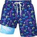 Uideazone Hawaiian Swim Trunks with Compression Liner for Men Blue Flamingo Plam Tree Graphic Bathing Suit Beach Board Shorts for Surf M