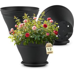 4 Pack 12 Inch Plant Pots with Saucers, Plastic Flower Pots with Drainage Holes, Large Planters for Indoor Outdoor Garden, House Plants, Flowers, Herbs, Gardening Gifts, Black