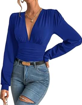 SURRO Women's Bodysuit Shirts Elegant Deep V Neck Leotard Blouses Long Sleeve Belly Hiding Tops Hook Closure, S