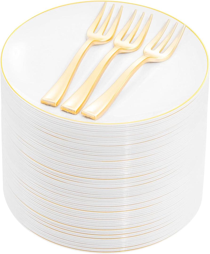 Festiva 200Pcs Gold Dessert Plates 6.3" with Forks 5"- Small Disposable Dessert/Cake/Appetizer Plates Plates- serve 100 guests include 100Plates 100Forks for Wedding Party&Easter&Birthday