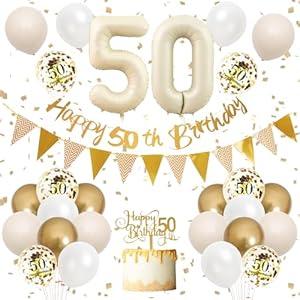 50th Birthday Decorations Sand White Gold, 50th Birthday Balloons Beige Gold, Happy 50th Birthday Banner with Cake Toppers Number 50 Balloons for Women Men Birthday Party Decorations
